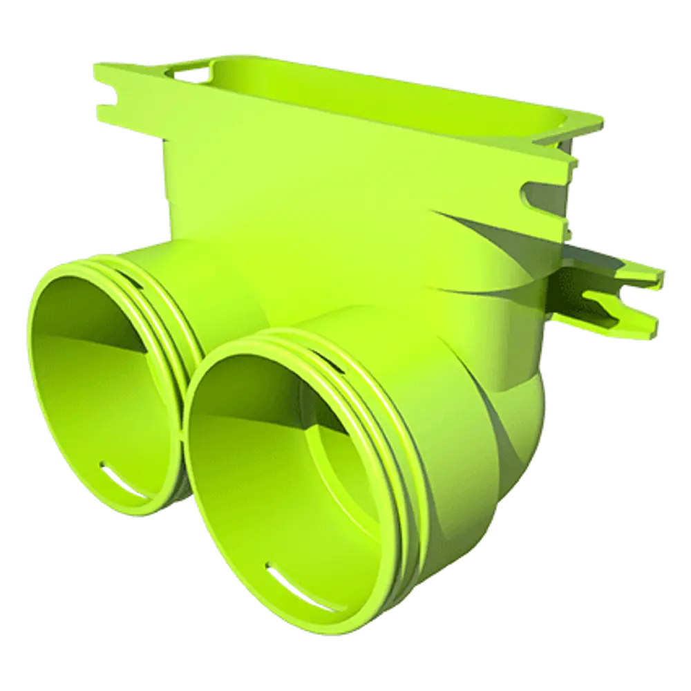 Grüner Winkeladapter mit zwei Anschlussöffnungen, geeignet für Wolf-Systeme, zur Verbindung von Rohren in einem Installationssystem.